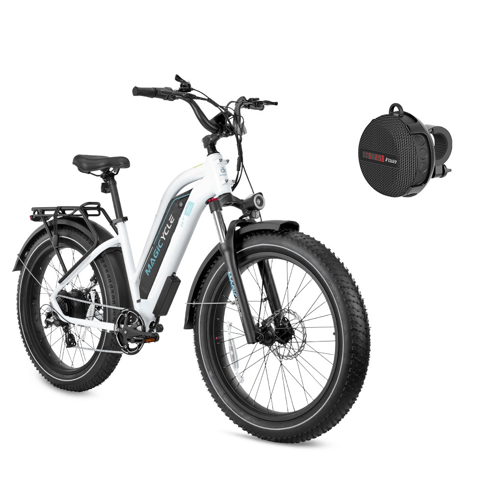 Limited Combo Sale - MAGICYCLE 52V MID STEP-THRU Fat Tire Electric Bike - Pearl White with Bluetooth Bike Speaker